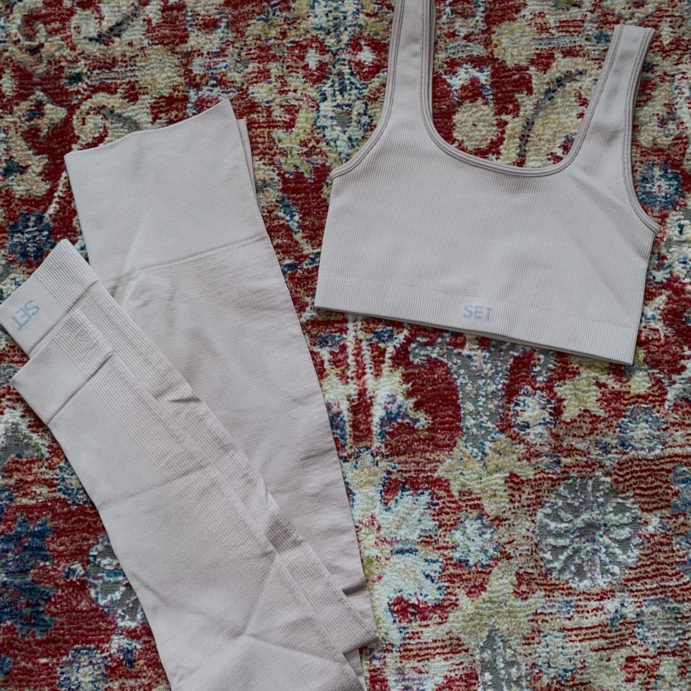 Set Active Scultpflex Ribbed Power Box Cut Bra Power Leggings Fawn Size XS/S